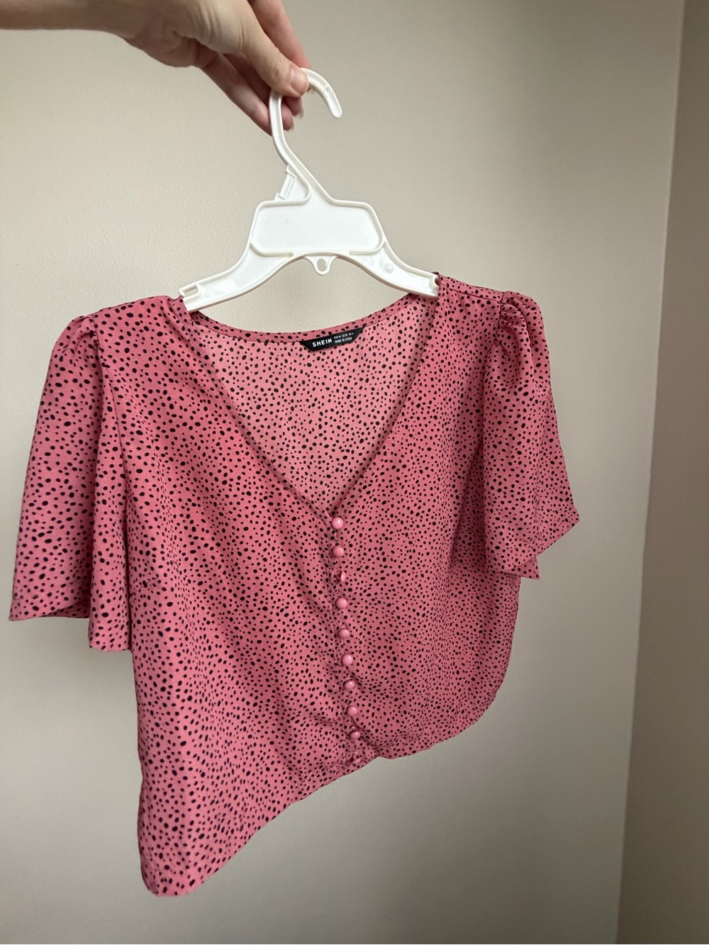 Pink Polka Dot V-Neck Button Front Blouse
